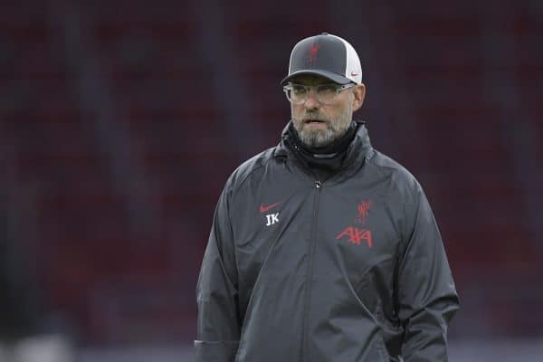 AMSTERDAM, THE NETHERLANDS - Wednesday, October 21, 2020: Liverpool's manager Jürgen Klopp during the pre-match warm-up before the opening UEFA Champions League Group D match between AFC Ajax and Liverpool FC at the Johan Cruijff ArenA. (Pic by Gerrit van Keulen/Orange Pictures via Propaganda)