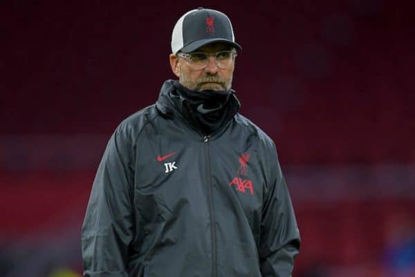 AMSTERDAM, THE NETHERLANDS - Wednesday, October 21, 2020: Liverpool's manager Jürgen Klopp during the pre-match warm-up before the opening UEFA Champions League Group D match between AFC Ajax and Liverpool FC at the Johan Cruijff ArenA. (Pic by David Rawcliffe/Propaganda)