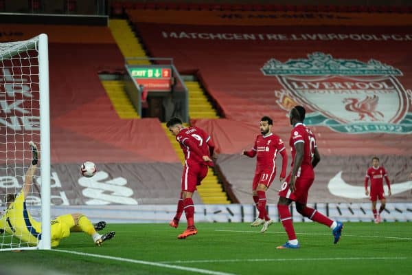 LIVERPOOL, ENGLAND - Saturday, October 24, 2020: Liverpool’s Roberto Firmino (L) scores the equalising goal from a rebound to level the score at 1-1 during the FA Premier League match between Liverpool FC and Sheffield United FC at Anfield. The game was played behind closed doors due to the UK government’s social distancing laws during the Coronavirus COVID-19 Pandemic. (Pic by Propaganda)