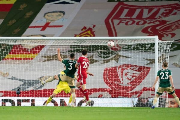 LIVERPOOL, ENGLAND - Saturday, October 24, 2020: Liverpool’s Diogo Jota scores the second goal with a header to give his side a 2-1 lead during the FA Premier League match between Liverpool FC and Sheffield United FC at Anfield. The game was played behind closed doors due to the UK government’s social distancing laws during the Coronavirus COVID-19 Pandemic. (Pic by Propaganda)