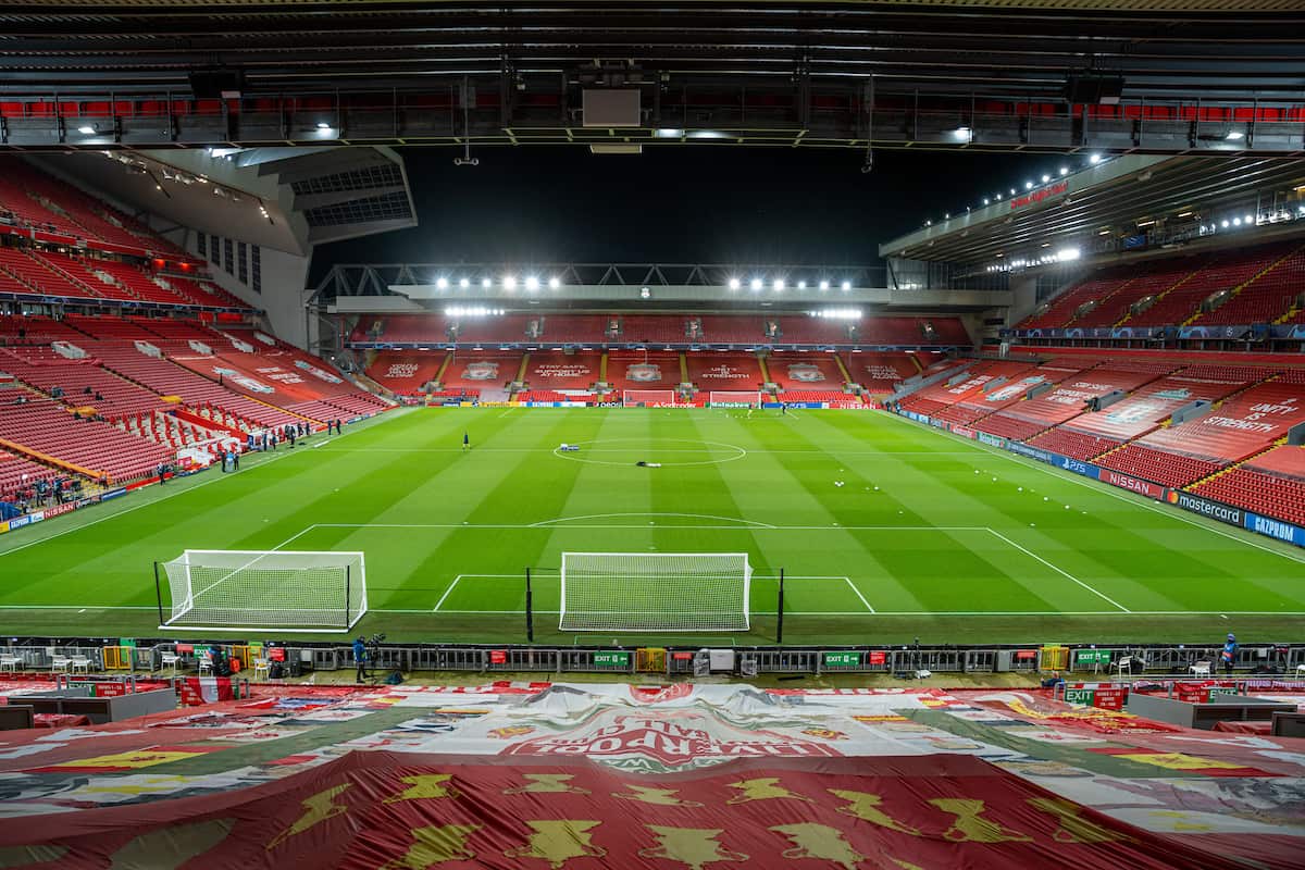 LIVERPOOL, ENGLAND - Tuesday, October 27, 2020: A general view of Anfield from the Spion Kop before the UEFA Champions League Group D match between Liverpool FC and FC Midtjylland at Anfield. Liverpool won 2-0. (Pic by David Rawcliffe/Propaganda)