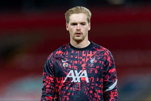 LIVERPOOL, ENGLAND - Tuesday, October 27, 2020: Liverpool's goalkeeper Caoimhin Kelleher during the pre-match warm-up before the UEFA Champions League Group D match between Liverpool FC and FC Midtjylland at Anfield. Liverpool won 2-0. (Pic by David Rawcliffe/Propaganda)