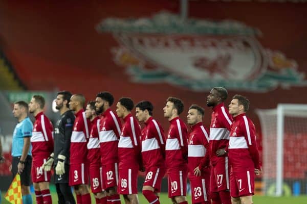 LIVERPOOL, ENGLAND - Tuesday, October 27, 2020: Liverpool players line-up before the UEFA Champions League Group D match between Liverpool FC and FC Midtjylland at Anfield. Liverpool won 2-0. (Pic by David Rawcliffe/Propaganda)