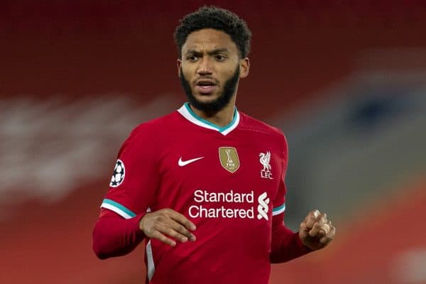 LIVERPOOL, ENGLAND - Tuesday, October 27, 2020: Liverpool's Joe Gomez during the UEFA Champions League Group D match between Liverpool FC and FC Midtjylland at Anfield. Liverpool won 2-0. (Pic by David Rawcliffe/Propaganda)