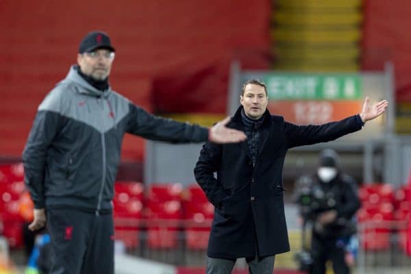 LIVERPOOL, ENGLAND - Tuesday, October 27, 2020: FC Midtjylland's head coach Brian Priske during the UEFA Champions League Group D match between Liverpool FC and FC Midtjylland at Anfield. Liverpool won 2-0. (Pic by David Rawcliffe/Propaganda)