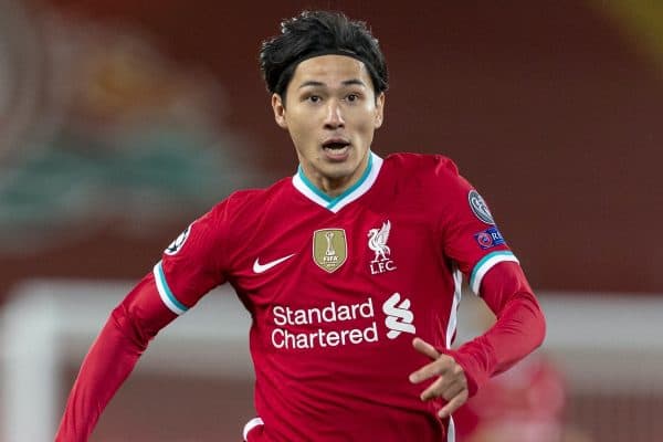 LIVERPOOL, ENGLAND - Tuesday, October 27, 2020: Liverpool's Takumi Minamino during the UEFA Champions League Group D match between Liverpool FC and FC Midtjylland at Anfield. Liverpool won 2-0. (Pic by David Rawcliffe/Propaganda)