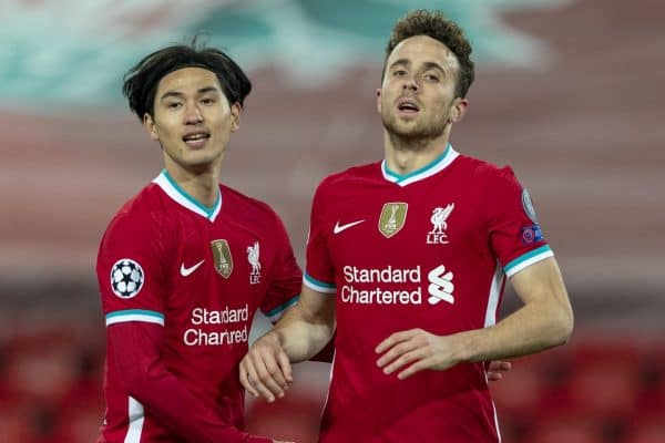 LIVERPOOL, ENGLAND - Tuesday, October 27, 2020: Liverpool's Diogo Jota (R) celebrates after scoring the first goal, the club's 10,000th goal, during the UEFA Champions League Group D match between Liverpool FC and FC Midtjylland at Anfield. Liverpool won 2-0. (Pic by David Rawcliffe/Propaganda)