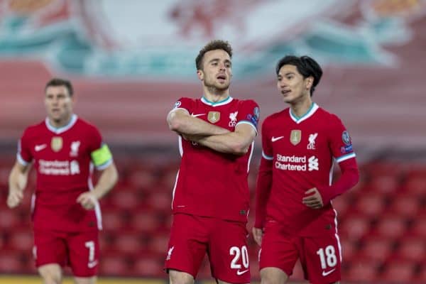 LIVERPOOL, ENGLAND - Tuesday, October 27, 2020: Liverpool's Diogo Jota celebrates after scoring the first goal, the club's 10,000th goal, during the UEFA Champions League Group D match between Liverpool FC and FC Midtjylland at Anfield. Liverpool won 2-0. (Pic by David Rawcliffe/Propaganda)