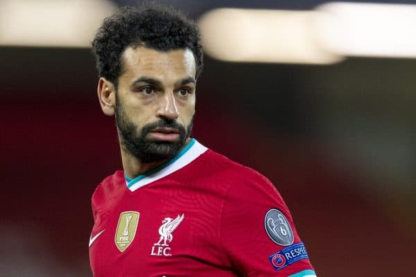 LIVERPOOL, ENGLAND - Tuesday, October 27, 2020: Liverpool's Mohamed Salah during the UEFA Champions League Group D match between Liverpool FC and FC Midtjylland at Anfield. Liverpool won 2-0. (Pic by David Rawcliffe/Propaganda)