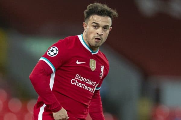 LIVERPOOL, ENGLAND - Tuesday, October 27, 2020: Liverpool's Xherdan Shaqiri during the UEFA Champions League Group D match between Liverpool FC and FC Midtjylland at Anfield. Liverpool won 2-0. (Pic by David Rawcliffe/Propaganda)