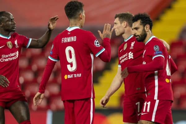 LIVERPOOL, ENGLAND - Tuesday, October 27, 2020: Liverpool's Mohamed Salah (R) celebrates with team-mates after scoring the second goal during the UEFA Champions League Group D match between Liverpool FC and FC Midtjylland at Anfield. Liverpool won 2-0. (Pic by David Rawcliffe/Propaganda)