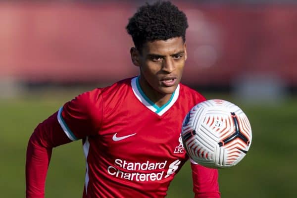 KIRKBY, ENGLAND - Saturday, October 31, 2020: Liverpool's Melkamu Frauendorf during the Under-18 Premier League match between Liverpool FC Under-18's and Newcastle United FC Under-18's at the Liverpool Academy. Liverpool won 4-1. (Pic by David Rawcliffe/Propaganda)