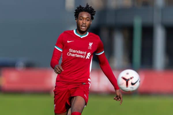 KIRKBY, ENGLAND - Saturday, October 31, 2020: Liverpool's James Balagizi during the Under-18 Premier League match between Liverpool FC Under-18's and Newcastle United FC Under-18's at the Liverpool Academy. Liverpool won 4-1. (Pic by David Rawcliffe/Propaganda)