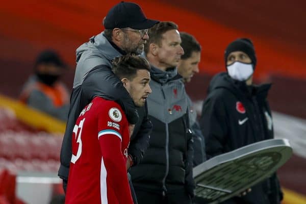 LIVERPOOL, ENGLAND - Saturday, October 31, 2020: Liverpool’s manager Jürgen Klopp prepares to bring on substitutes Xherdan Shaqiri and Diogo Jota (L) during the FA Premier League match between Liverpool FC and West Ham United FC at Anfield. The game was played behind closed doors due to the UK government’s social distancing laws during the Coronavirus COVID-19 Pandemic. (Pic by Propaganda)