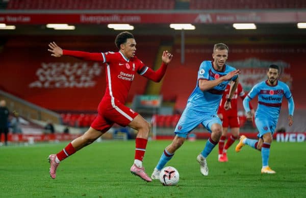 LIVERPOOL, ENGLAND - Saturday, October 31, 2020: Liverpool’s Trent Alexander-Arnold during the FA Premier League match between Liverpool FC and West Ham United FC at Anfield. The game was played behind closed doors due to the UK government’s social distancing laws during the Coronavirus COVID-19 Pandemic. (Pic by Propaganda)