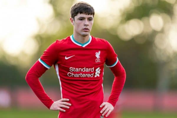 KIRKBY, ENGLAND - Saturday, October 31, 2020: Liverpool's Layton Stewart during the Under-18 Premier League match between Liverpool FC Under-18's and Newcastle United FC Under-18's at the Liverpool Academy. Liverpool won 4-1. (Pic by David Rawcliffe/Propaganda)