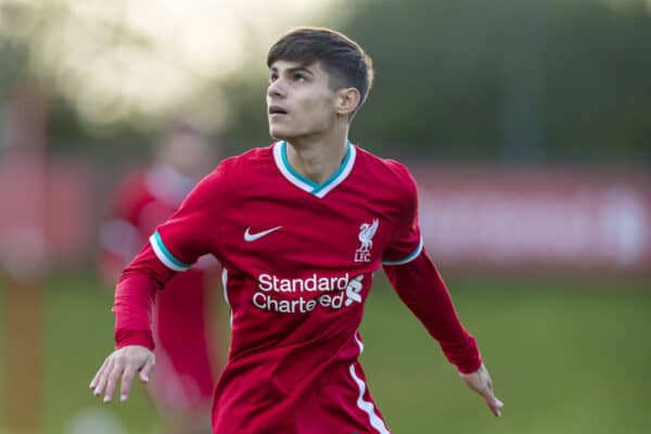 KIRKBY, ENGLAND - Saturday, October 31, 2020: Liverpool's substitute Oakley Cannonier during the Under-18 Premier League match between Liverpool FC Under-18's and Newcastle United FC Under-18's at the Liverpool Academy. Liverpool won 4-1. (Pic by David Rawcliffe/Propaganda)