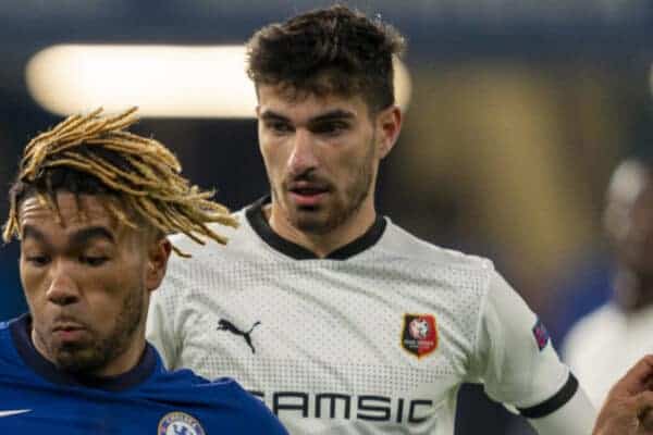 LONDON, ENGLAND - Wednesday, November 4, 2020: Chelsea's Reece James (L) and Rennes' Martin Terrier during the UEFA Champions League Group E match between Chelsea FC and Rennes FC at Stamford Bridge. Chelsea won 3-0. (Pic by David Rawcliffe/Propaganda)