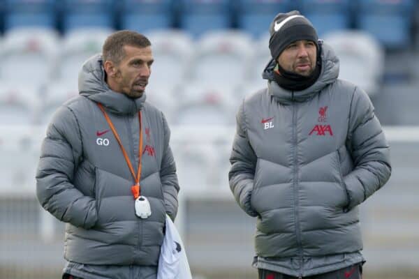 LONDON, ENGLAND - Friday, November 6, 2020: Liverpool's Under-23 coach Barry Lewtas (R) and assistant coach Gary O'Neil during the pre-match warm-up before the Premier League 2 Division 1 match between West Ham United FC Under-23's and Liverpool FC Under-23's at Rush Green. Liverpool won 4-2. (Pic by David Rawcliffe/Propaganda)
