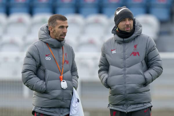 LONDON, ENGLAND - Friday, November 6, 2020: Liverpool's Under-23 coach Barry Lewtas (R) and assistant coach Gary O'Neil during the pre-match warm-up before the Premier League 2 Division 1 match between West Ham United FC Under-23's and Liverpool FC Under-23's at Rush Green. Liverpool won 4-2. (Pic by David Rawcliffe/Propaganda)