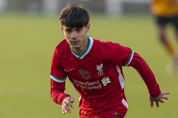 WOLVERHAMPTON, ENGLAND - Saturday, November 7, 2020: Liverpool's substitute Oakley Cannonier during the Under-18 FA Premier League match between Wolverhampton Wanderers FC Under-18's and Liverpool FC Under-18's at the Sir Jack Hayward Training Ground. Wolverhampton Wanderers won 2-1. (Pic by David Rawcliffe/Propaganda)