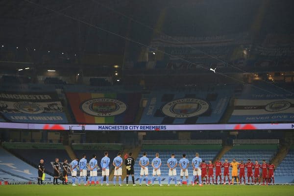 MANCHESTER, ENGLAND - Sunday, November 8, 2020: Liverpool and Manchester City players stand for a minute's silence for Remembrance Sunday before the FA Premier League match between Manchester City FC and Liverpool FC at the City of Manchester Stadium. The game was played behind closed doors due to the UK government’s social distancing laws during the Coronavirus COVID-19 Pandemic. The game ended in a 1-1 draw. (Pic by Propaganda)