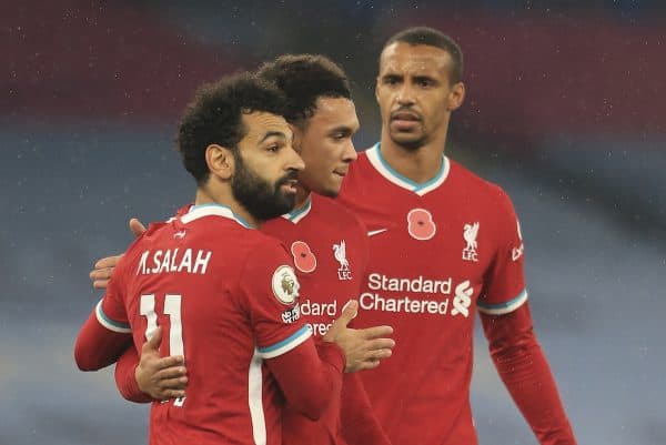 MANCHESTER, ENGLAND - Sunday, November 8, 2020: Liverpool's Mohamed Salah celebrates after scoring the first goal with team-mates Trent Alexander-Arnold (C) and Joel Matip (R) during the FA Premier League match between Manchester City FC and Liverpool FC at the City of Manchester Stadium. The game was played behind closed doors due to the UK government’s social distancing laws during the Coronavirus COVID-19 Pandemic. The game ended in a 1-1 draw. (Pic by Propaganda)