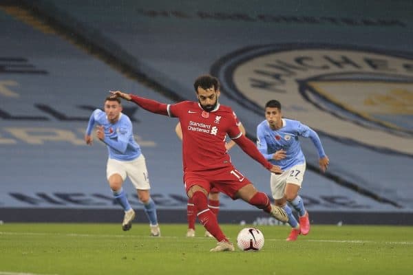 MANCHESTER, ENGLAND - Sunday, November 8, 2020: Liverpool's Mohamed Salah scores the his side's only goal from a penalty kick during the FA Premier League match between Manchester City FC and Liverpool FC at the City of Manchester Stadium. The game was played behind closed doors due to the UK government’s social distancing laws during the Coronavirus COVID-19 Pandemic. The game ended in a 1-1 draw. (Pic by Propaganda)