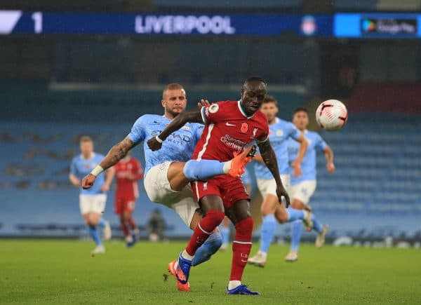 MANCHESTER, ENGLAND - Sunday, November 8, 2020: Manchester City's Kyle Walker (L) challenges Liverpool's Sadio Mané during the FA Premier League match between Manchester City FC and Liverpool FC at the City of Manchester Stadium. The game was played behind closed doors due to the UK government’s social distancing laws during the Coronavirus COVID-19 Pandemic. The game ended in a 1-1 draw. (Pic by Propaganda)