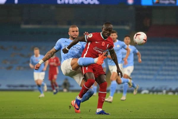 MANCHESTER, ENGLAND - Sunday, November 8, 2020: Manchester City's Kyle Walker (L) challenges Liverpool's Sadio Mané during the FA Premier League match between Manchester City FC and Liverpool FC at the City of Manchester Stadium. The game was played behind closed doors due to the UK government’s social distancing laws during the Coronavirus COVID-19 Pandemic. The game ended in a 1-1 draw. (Pic by Propaganda)