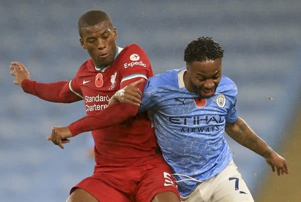 MANCHESTER, ENGLAND - Sunday, November 8, 2020: Liverpool's Georginio Wijnaldum (L) challenges Manchester City's Raheem Sterling during the FA Premier League match between Manchester City FC and Liverpool FC at the City of Manchester Stadium. The game was played behind closed doors due to the UK government’s social distancing laws during the Coronavirus COVID-19 Pandemic. The game ended in a 1-1 draw. (Pic by Propaganda)