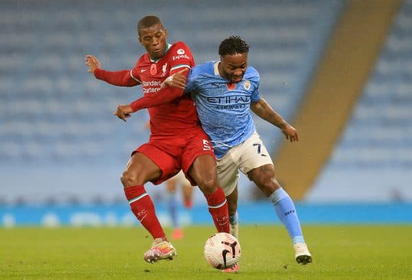 MANCHESTER, ENGLAND - Sunday, November 8, 2020: Liverpool's Georginio Wijnaldum (L) challenges Manchester City's Raheem Sterling during the FA Premier League match between Manchester City FC and Liverpool FC at the City of Manchester Stadium. The game was played behind closed doors due to the UK government’s social distancing laws during the Coronavirus COVID-19 Pandemic. The game ended in a 1-1 draw. (Pic by Propaganda)