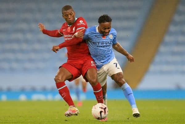 MANCHESTER, ENGLAND - Sunday, November 8, 2020: Liverpool's Georginio Wijnaldum (L) challenges Manchester City's Raheem Sterling during the FA Premier League match between Manchester City FC and Liverpool FC at the City of Manchester Stadium. The game was played behind closed doors due to the UK government’s social distancing laws during the Coronavirus COVID-19 Pandemic. The game ended in a 1-1 draw. (Pic by Propaganda)