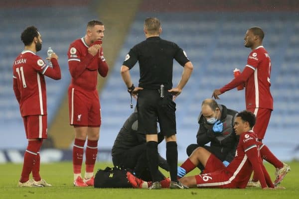 MANCHESTER, ENGLAND - Sunday, November 8, 2020: Liverpool's Trent Alexander-Arnold receives treatment for an injury that forced him out of the game during the FA Premier League match between Manchester City FC and Liverpool FC at the City of Manchester Stadium. The game was played behind closed doors due to the UK government’s social distancing laws during the Coronavirus COVID-19 Pandemic. The game ended in a 1-1 draw. (Pic by Propaganda)