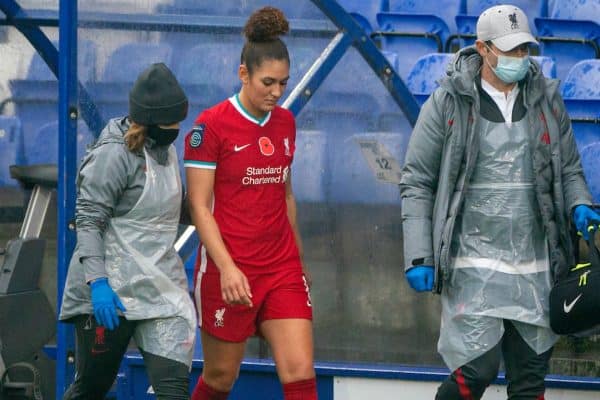 BIRKENHEAD, ENGLAND - Sunday, November 8, 2020: Liverpool's Jade Bailey walks off injured during the FA Women’s Championship game between Liverpool FC Women and Sheffield United Women FC at Prenton Park. Liverpool won 1-0. (Pic by David Rawcliffe/Propaganda)