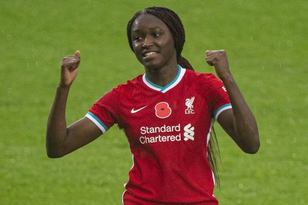 BIRKENHEAD, ENGLAND - Sunday, November 8, 2020: Liverpool's match-winning goal-scorer Rinsola Babajide celebrates at the final whistle during the FA Women’s Championship game between Liverpool FC Women and Sheffield United Women FC at Prenton Park. Liverpool won 1-0. (Pic by David Rawcliffe/Propaganda)