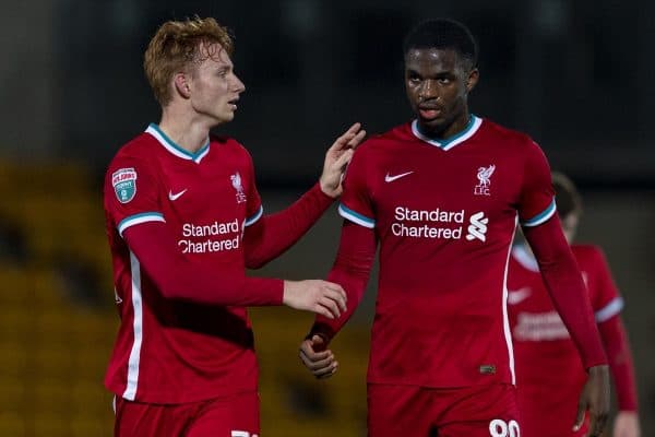 STOKE-ON-TRENT, ENGLAND - Tuesday, November 10, 2020: Liverpool's Sepp van den Berg (L) and Billy Koumetio during the EFL Trophy Northern Group D match between Port Vale FC and Liverpool FC Under-21's at Vale Park. (Pic by David Rawcliffe/Propaganda)