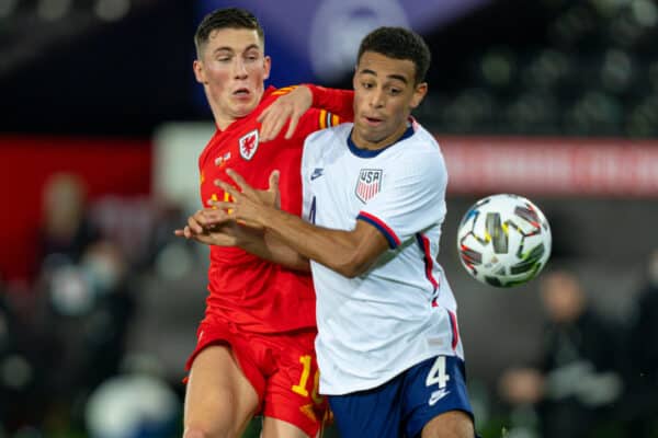 SWANSEA, WALES - Thursday, November 12, 2020: Wales' Harry Wilson (L) and USA's Tyler Adams during an International Friendly match between Wales and the USA at the Liberty Stadium. (Pic by David Rawcliffe/Propaganda)