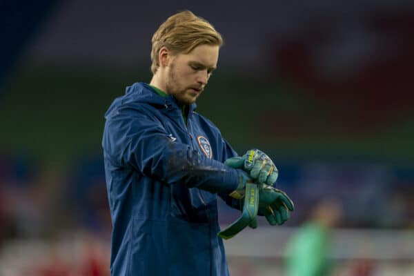 CARDIFF, WALES - Sunday, November 15, 2020: Republic of Ireland's goalkeeper Caoimhin Kelleher during the pre-match warm-up before the UEFA Nations League Group Stage League B Group 4 match between Wales and Republic of Ireland at the Cardiff City Stadium. Wales won 1-0. (Pic by David Rawcliffe/Propaganda)