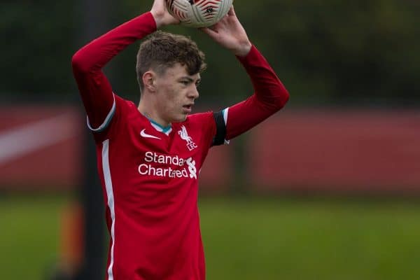 KIRKBY, ENGLAND - Saturday, November 21, 2020: Liverpool's Conor Bradley takes a throw-in during the Premier League 2 Division 1 match between Liverpool FC Under-23's and Southampton FC Under-23's at the Liverpool Academy. The game ended in a goalless draw. (Pic by David Rawcliffe/Propaganda)