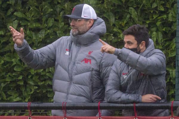 KIRKBY, ENGLAND - Saturday, November 21, 2020: Liverpool's manager Jürgen Klopp watches with his staff (L-R) elite development coach Vitor Matos, first-team development coach Pepijn Lijnders and goalkeeping coach John Achterberg during the Premier League 2 Division 1 match between Liverpool FC Under-23's and Southampton FC Under-23's at the Liverpool Academy. The game ended in a goalless draw. (Pic by David Rawcliffe/Propaganda)