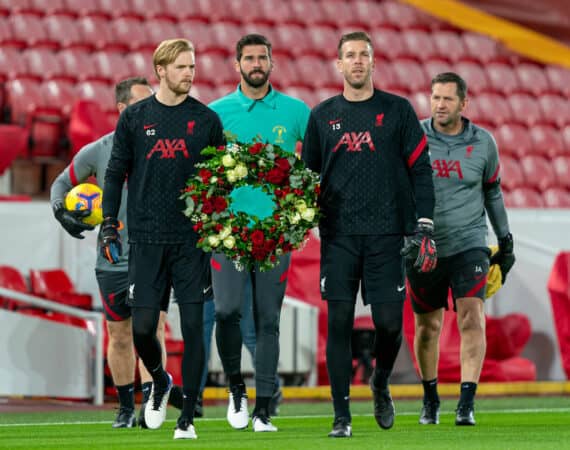 LIVERPOOL, ENGLAND - Sunday, November 22, 2020: Liverpool’s goalkeepers Caoimhin Kelleher, Alisson Becker and Adrián San Miguel del Castillo walk out with a wreath for former Liverpool and England goalkeeper Ray Clemence who died earlier in the week, pictured before the FA Premier League match between Liverpool FC and Leicester City FC at Anfield. The game was played behind closed doors due to the UK government’s social distancing laws during the Coronavirus COVID-19 Pandemic. Liverpool won 3-0. (Pic by David Rawcliffe/Propaganda)