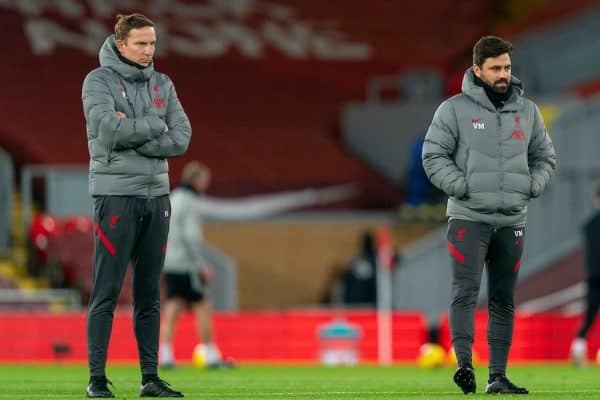 LIVERPOOL, ENGLAND - Sunday, November 22, 2020: Liverpool’s first-team development coach Pepijn Lijnders (L) and elite development coach Vitor Matos during the FA Premier League match between Liverpool FC and Leicester City FC at Anfield. The game was played behind closed doors due to the UK government’s social distancing laws during the Coronavirus COVID-19 Pandemic. Liverpool won 3-0. (Pic by David Rawcliffe/Propaganda)