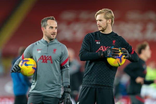 LIVERPOOL, ENGLAND - Sunday, November 22, 2020: Liverpool’s goalkeeping coach Jack Robinson (L) and goalkeeper Caoimhin Kelleher during the pre-match warm-up before the FA Premier League match between Liverpool FC and Leicester City FC at Anfield. The game was played behind closed doors due to the UK government’s social distancing laws during the Coronavirus COVID-19 Pandemic. Liverpool won 3-0. (Pic by David Rawcliffe/Propaganda)