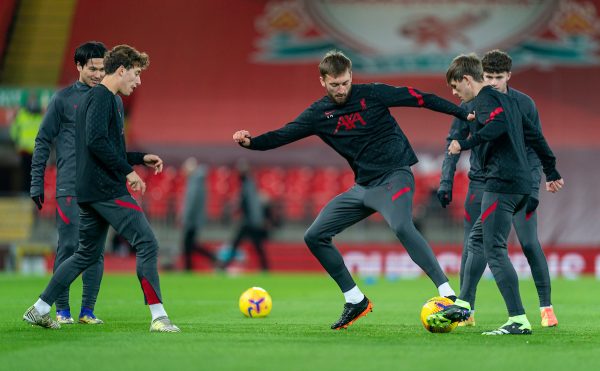 LIVERPOOL, ENGLAND - Sunday, November 22, 2020: Liverpool’s Nathaniel Phillips during the pre-match warm-up before the FA Premier League match between Liverpool FC and Leicester City FC at Anfield. The game was played behind closed doors due to the UK government’s social distancing laws during the Coronavirus COVID-19 Pandemic. Liverpool won 3-0. (Pic by David Rawcliffe/Propaganda)