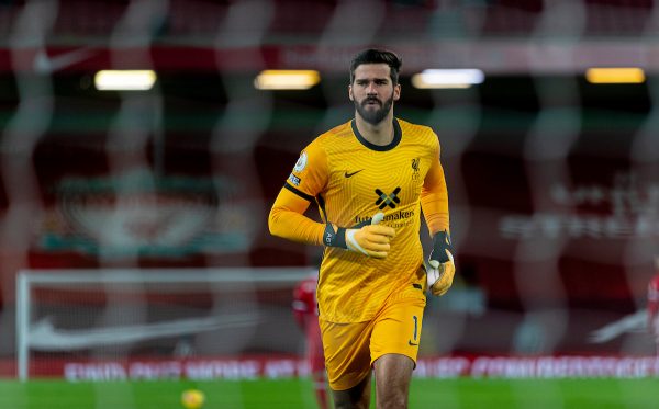 LIVERPOOL, ENGLAND - Sunday, November 22, 2020: Liverpool’s goalkeeper Alisson Becker during the FA Premier League match between Liverpool FC and Leicester City FC at Anfield. The game was played behind closed doors due to the UK government’s social distancing laws during the Coronavirus COVID-19 Pandemic. Liverpool won 3-0. (Pic by David Rawcliffe/Propaganda)