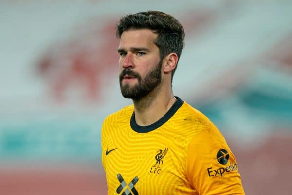 LIVERPOOL, ENGLAND - Sunday, November 22, 2020: Liverpool’s goalkeeper Alisson Becker during the FA Premier League match between Liverpool FC and Leicester City FC at Anfield. The game was played behind closed doors due to the UK government’s social distancing laws during the Coronavirus COVID-19 Pandemic. Liverpool won 3-0. (Pic by David Rawcliffe/Propaganda)