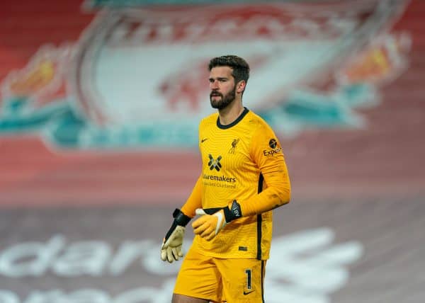 LIVERPOOL, ENGLAND - Sunday, November 22, 2020: Liverpool’s goalkeeper Alisson Becker during the FA Premier League match between Liverpool FC and Leicester City FC at Anfield. The game was played behind closed doors due to the UK government’s social distancing laws during the Coronavirus COVID-19 Pandemic. Liverpool won 3-0. (Pic by David Rawcliffe/Propaganda)