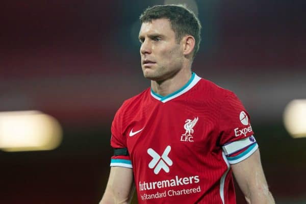 LIVERPOOL, ENGLAND - Sunday, November 22, 2020: Liverpool’s captain James Milner during the FA Premier League match between Liverpool FC and Leicester City FC at Anfield. The game was played behind closed doors due to the UK government’s social distancing laws during the Coronavirus COVID-19 Pandemic. Liverpool won 3-0. (Pic by David Rawcliffe/Propaganda)