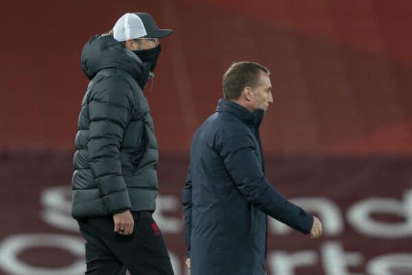 LIVERPOOL, ENGLAND - Sunday, November 22, 2020: Leicester City's manager Brendan Rodgers (R) and Liverpool’s manager Jürgen Klopp after the FA Premier League match between Liverpool FC and Leicester City FC at Anfield. The game was played behind closed doors due to the UK government’s social distancing laws during the Coronavirus COVID-19 Pandemic. Liverpool won 3-0. (Pic by David Rawcliffe/Propaganda)